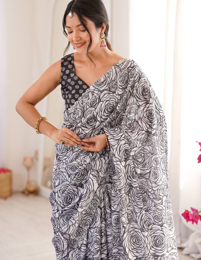 black silk blend digital printed saree with swarovski diamond work & blouse piece