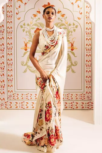 Cream original japan devsena satin saree japan satin digital print blouse