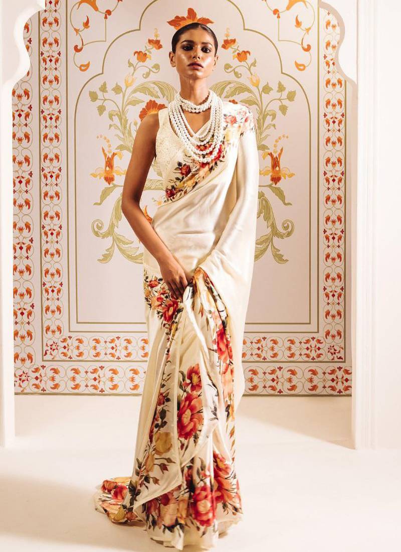 Cream original japan devsena satin saree japan satin digital print blouse