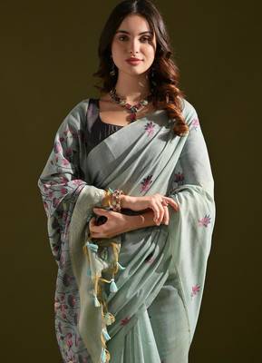 Firozi color muga cotton flower weaving concept saree 3
