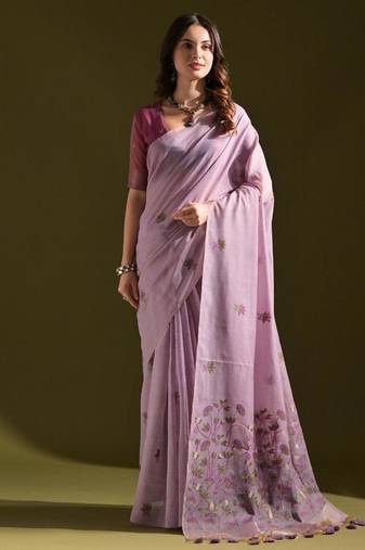 Levender color muga cotton flower weaving concept saree