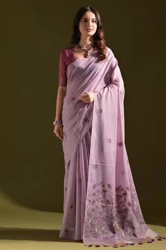 Levender color muga cotton flower weaving concept saree
