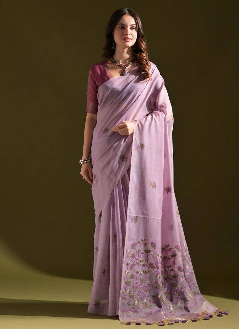 Levender color muga cotton flower weaving concept saree
