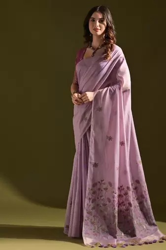 Levender color muga cotton flower weaving concept saree
