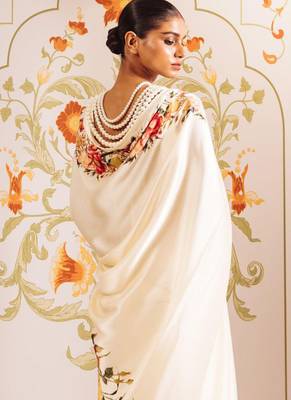 Cream original japan satin saree with digital print blouse 3