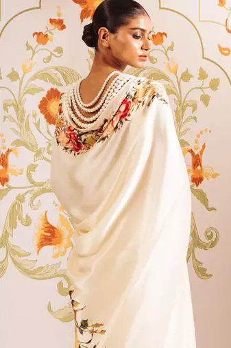 Cream original japan satin saree with digital print blouse