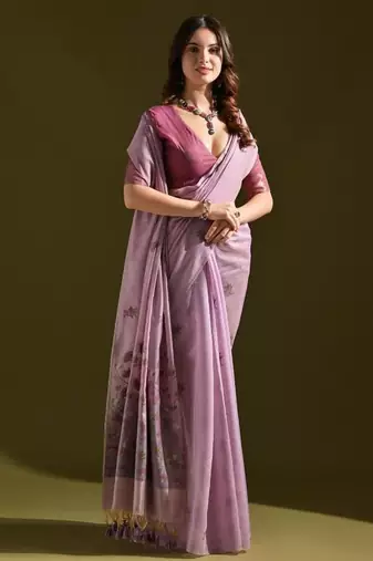 Levender color muga cotton flower weaving concept saree