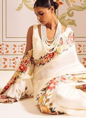 Cream original japan satin saree with digital print blouse 4