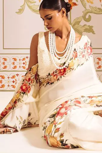 Cream original japan satin saree with digital print blouse