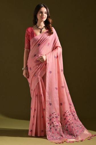 Pink color muga cotton flower weaving concept saree
