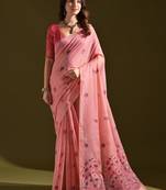 Pink color muga cotton flower weaving concept saree