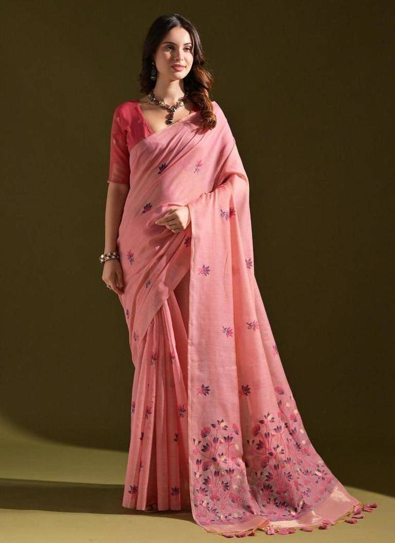 Pink color muga cotton flower weaving concept saree