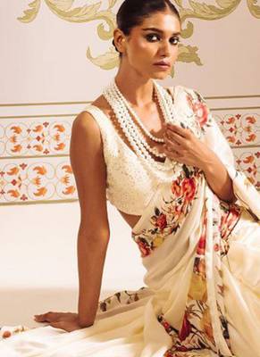 Cream original japan satin saree with digital print blouse 5