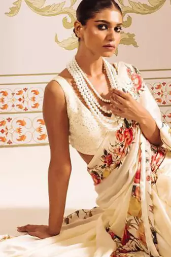 Cream original japan satin saree with digital print blouse