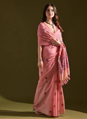 Pink color muga cotton flower weaving concept saree 2