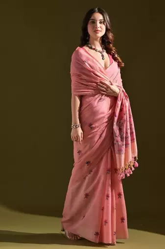 Pink color muga cotton flower weaving concept saree