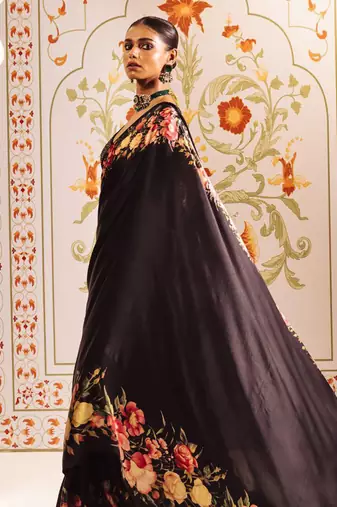 Black original japan devsena satin saree japan satin digital print blouse