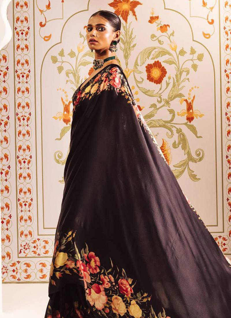 Black original japan devsena satin saree japan satin digital print blouse