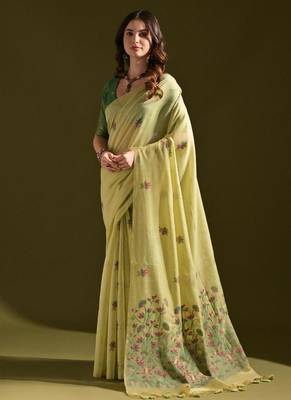 Pista color muga cotton flower weaving concept saree 1