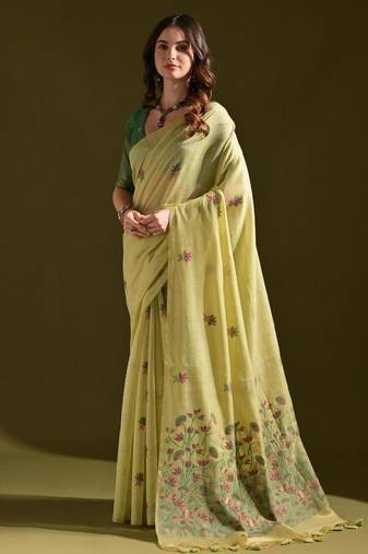 Pista color muga cotton flower weaving concept saree