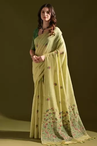 Pista color muga cotton flower weaving concept saree
