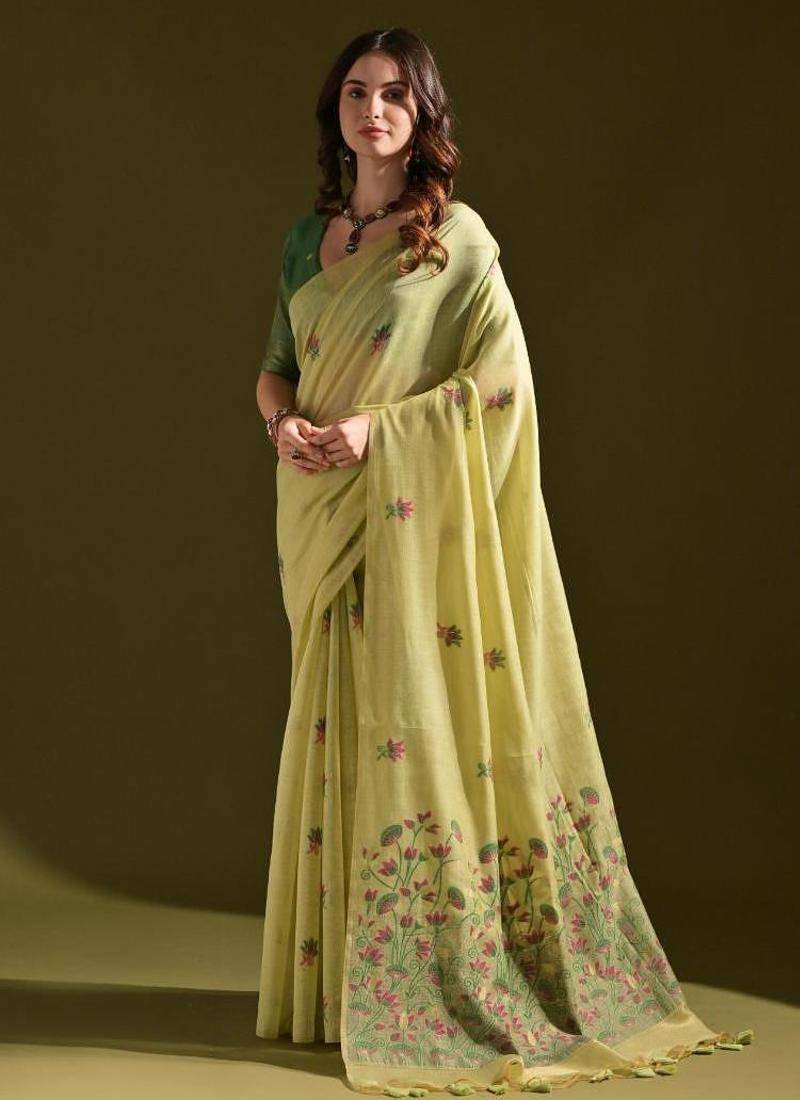 Pista color muga cotton flower weaving concept saree