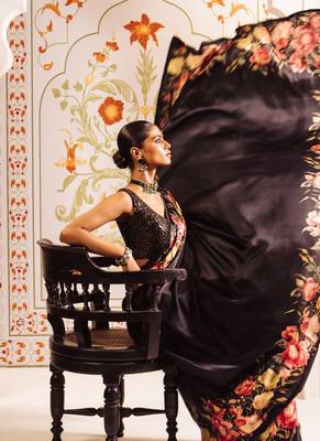 Black original japan satin saree with digital print blouse 2