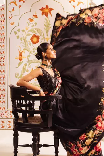 Black original japan satin saree with digital print blouse