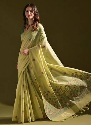 Pista color muga cotton flower weaving concept saree 2