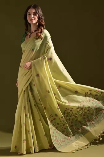 Pista color muga cotton flower weaving concept saree
