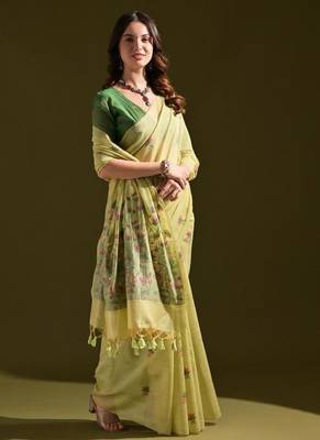 Pista color muga cotton flower weaving concept saree 3
