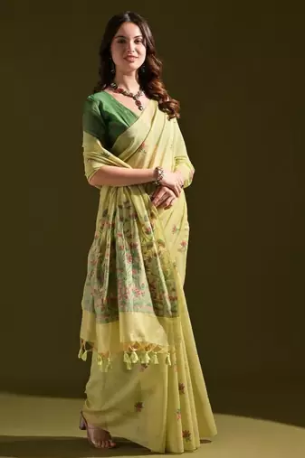 Pista color muga cotton flower weaving concept saree