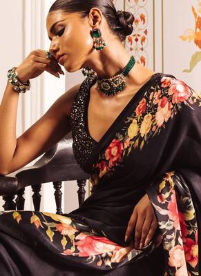 Black original japan satin saree with digital print blouse 4