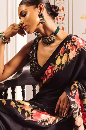 Black original japan satin saree with digital print blouse