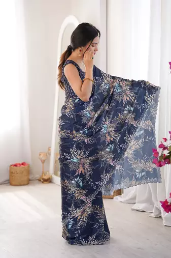 blue silk blend digital printed saree with swarovski diamond work & blouse piece