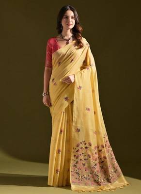 Yellow color muga cotton flower weaving concept saree 1