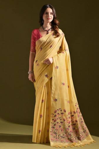 Yellow color muga cotton flower weaving concept saree