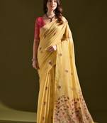 Yellow color muga cotton flower weaving concept saree