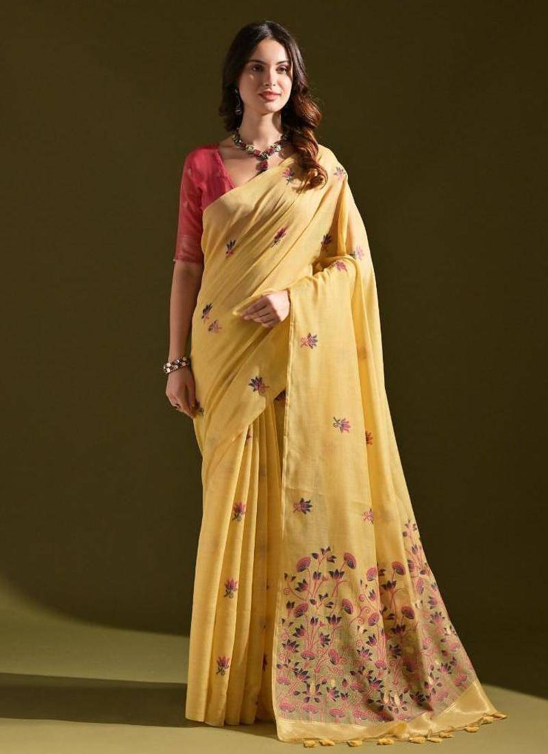 Yellow color muga cotton flower weaving concept saree