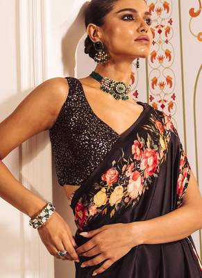 Black original japan satin saree with digital print blouse 5