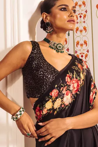 Black original japan satin saree with digital print blouse