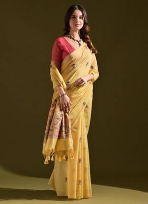 Yellow color muga cotton flower weaving concept saree 2