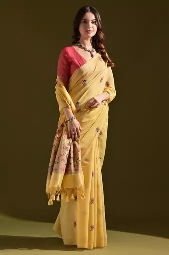 Yellow color muga cotton flower weaving concept saree