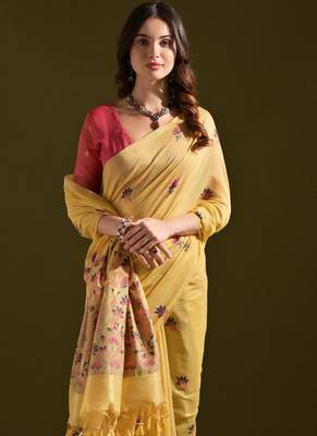 Yellow color muga cotton flower weaving concept saree 3