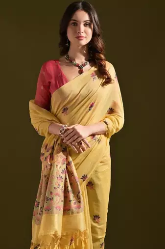 Yellow color muga cotton flower weaving concept saree