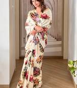 Cream original japan devsena satin saree japan satin digital print blouse