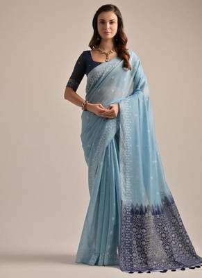 Firozi color muga cotton resham weaving concept saree 1