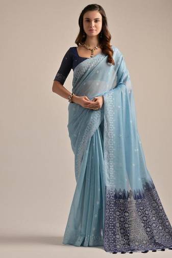 Firozi color muga cotton resham weaving concept saree