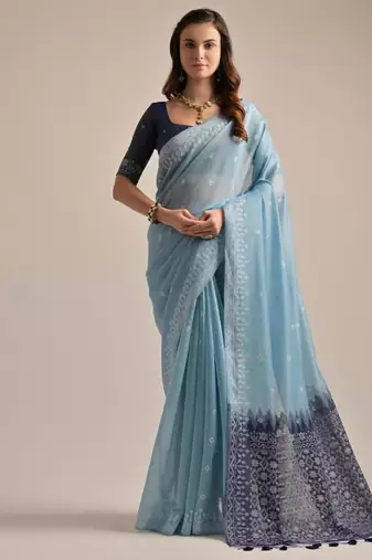 Firozi color muga cotton resham weaving concept saree
