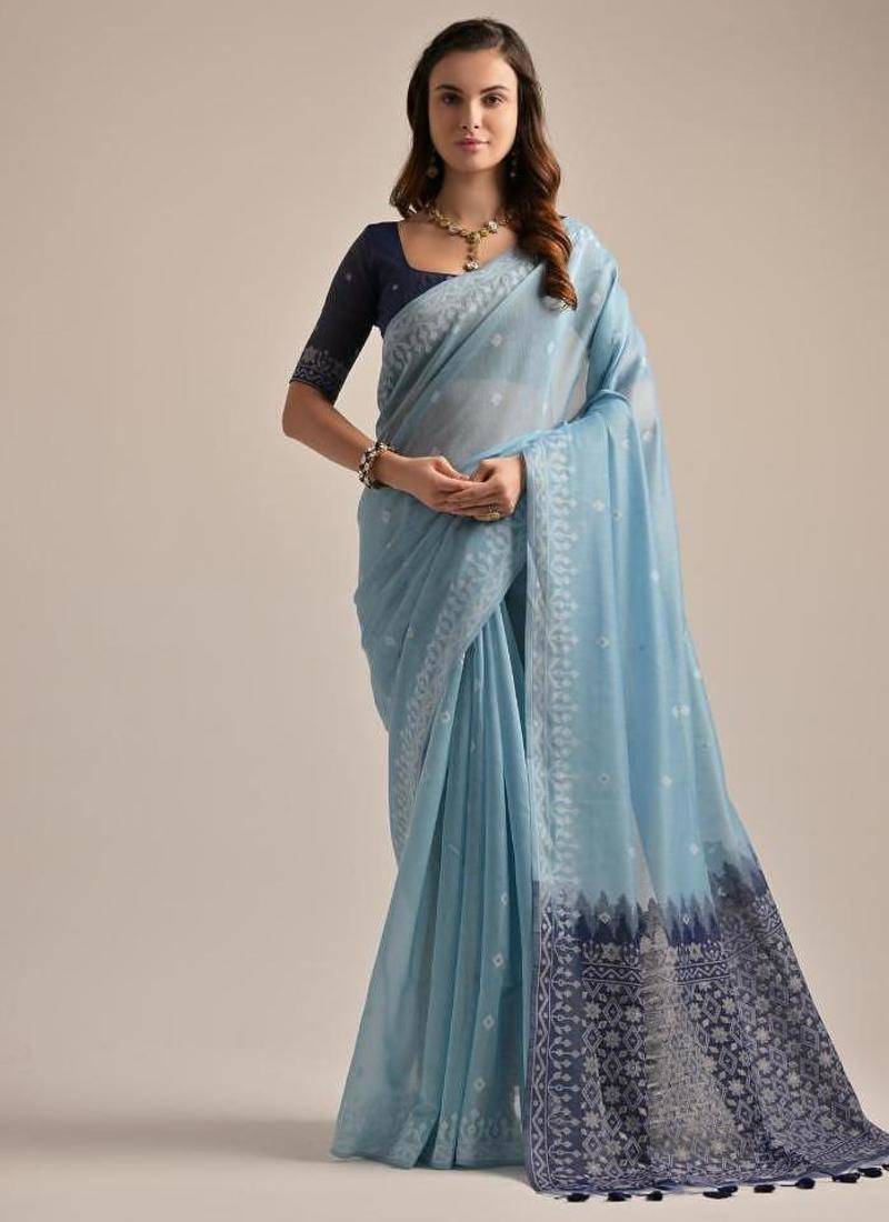 Firozi color muga cotton resham weaving concept saree